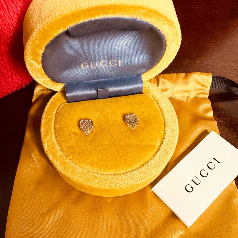 GUCCI 18K Gold Diamantisima Heart Stud Earrings.